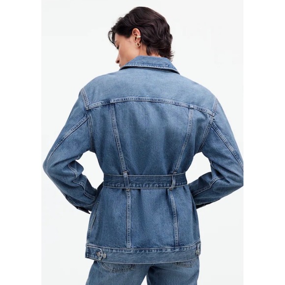Madewell Women Oversized Trucker Jean Jacket Belted Sz Medium Denim Fall Preppy - Picture 3 of 13